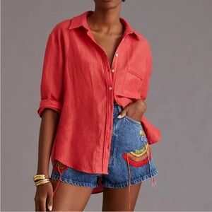 Anthropologie Maeve Linen Button Down Casual Shirt Blouse Pocket Red Size Small
